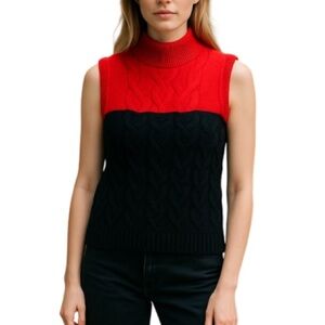 CALVIN KLEIN Red Black Colour Block Sweater Vest Cable Knit Mock Neck Preppy M